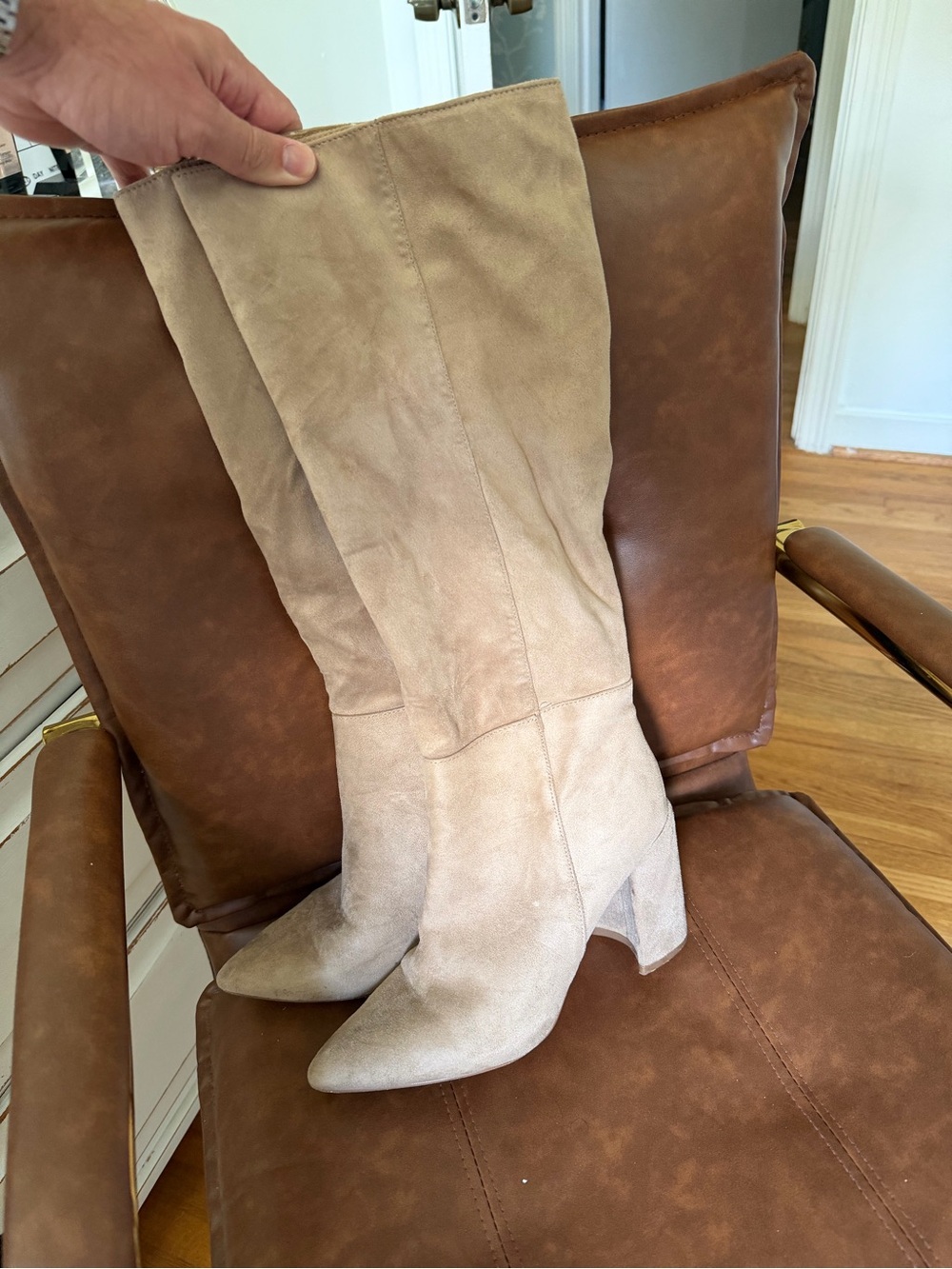 Suede Knee-High Boots in Light Beige - Women Shoes